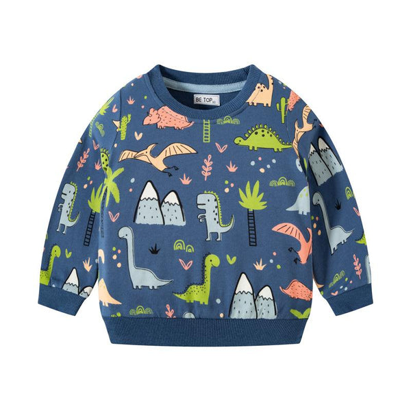 Toddler Boy's Blue Cartoon Dinosaur Print Sweatshirt