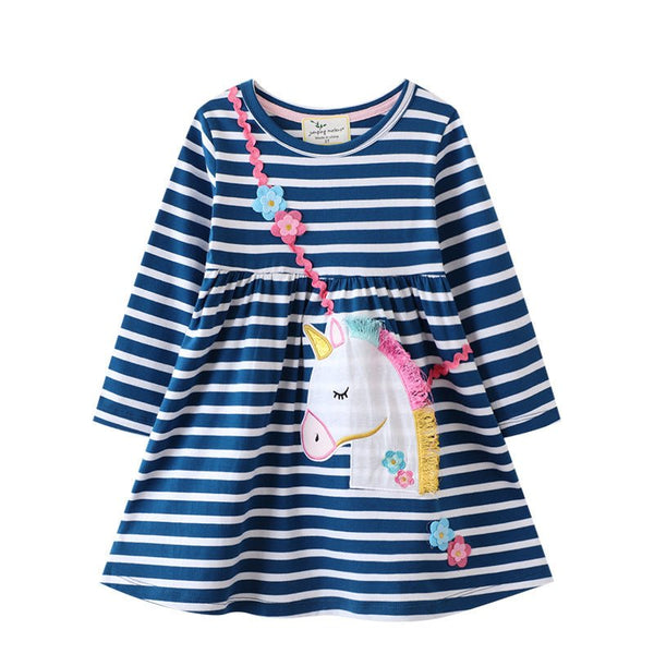 Toddler/Kid Girl Unicorn Design Striped Long Sleeve Dress 4-5t
