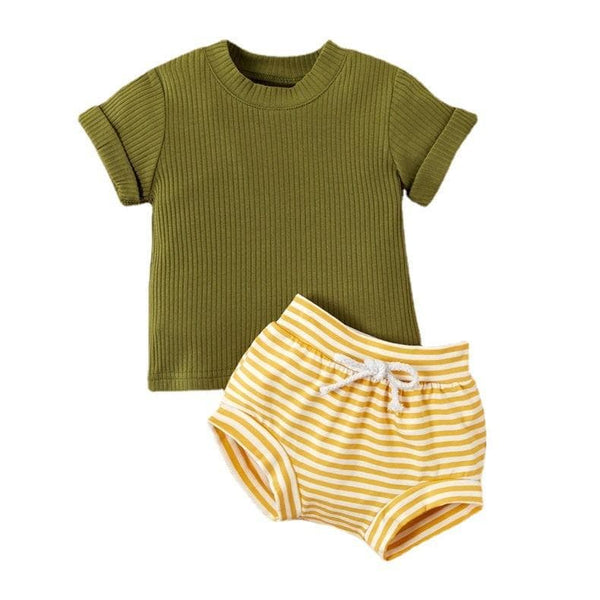 Solid Short-sleeve Top and Striped Shorts Set