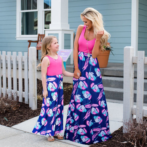 Pink Sleeveless Floral Print Dress for Mom and Me