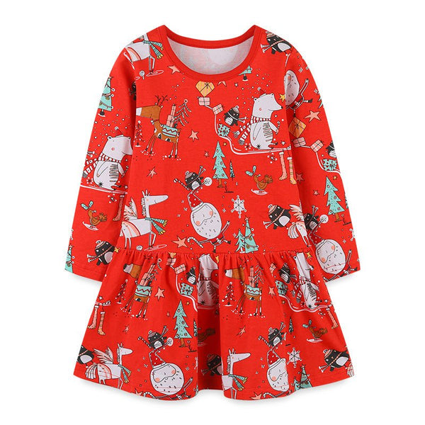 Toddler/Kid Girl's Long Sleeve Red Dress with Christmas Design
