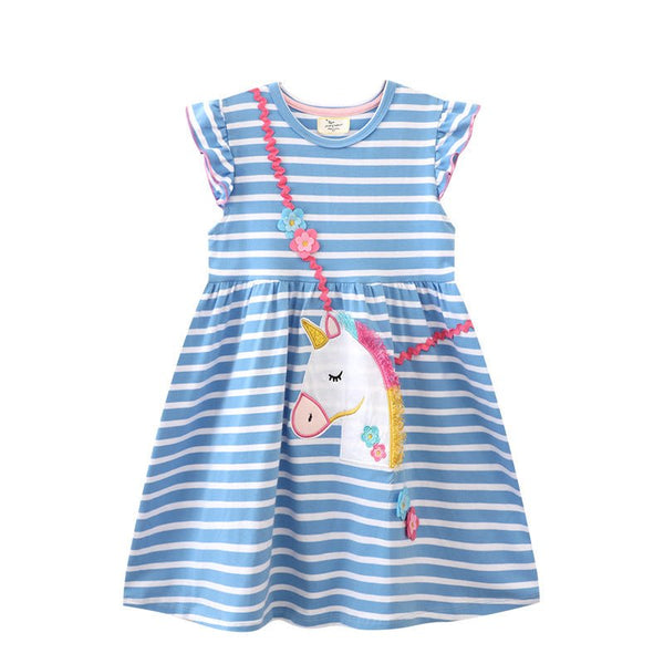 Toddler/Kid Girl's Short Sleeve Unicorn Design Striped Dress