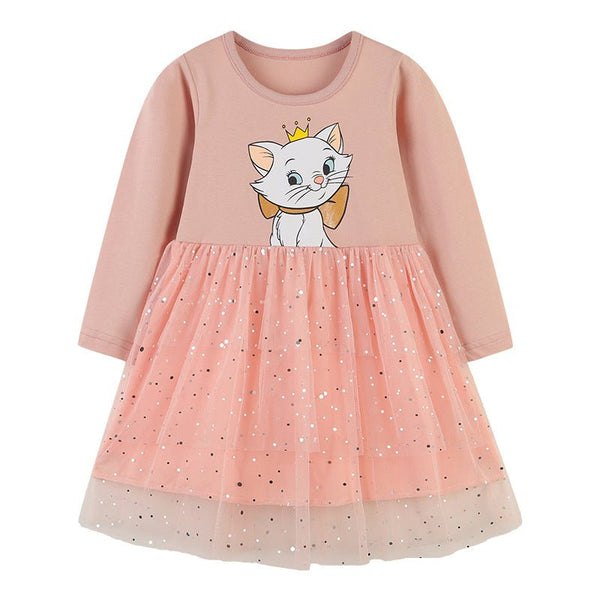 Toddler/Kid Girl's Cat Cartoon Sparkly Long Sleeve Dress
