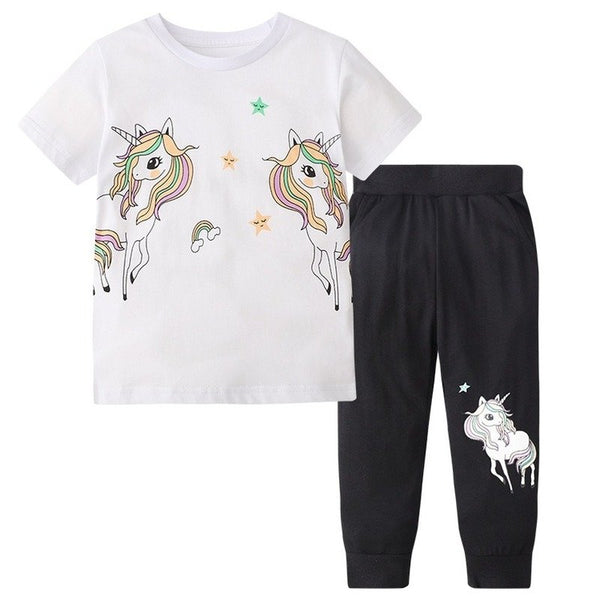 White Short Sleeve Unicorn T-shirt with Pants Set