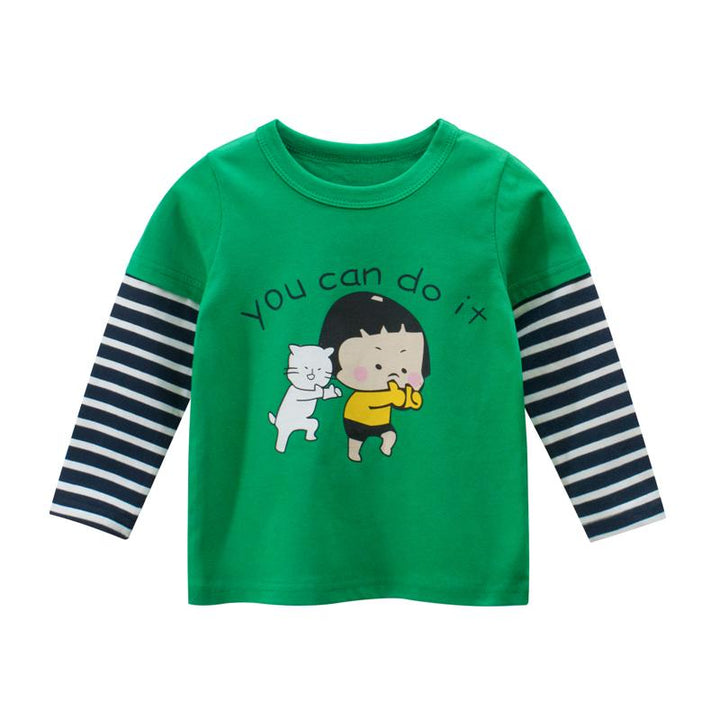 Baby Girls Pink/Green Cartoon & Black Stripes Long Sleeve Tops - Kidsyard Greenland