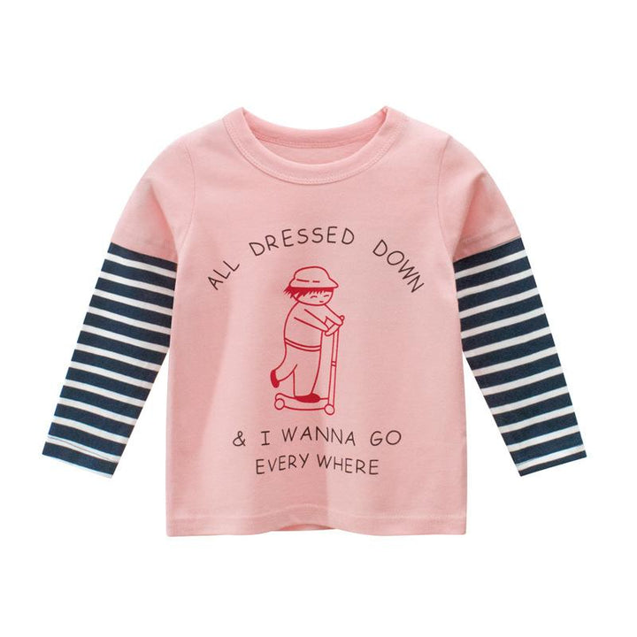 Baby Girls Pink/Green Cartoon & Black Stripes Long Sleeve Tops - Kidsyard Greenland