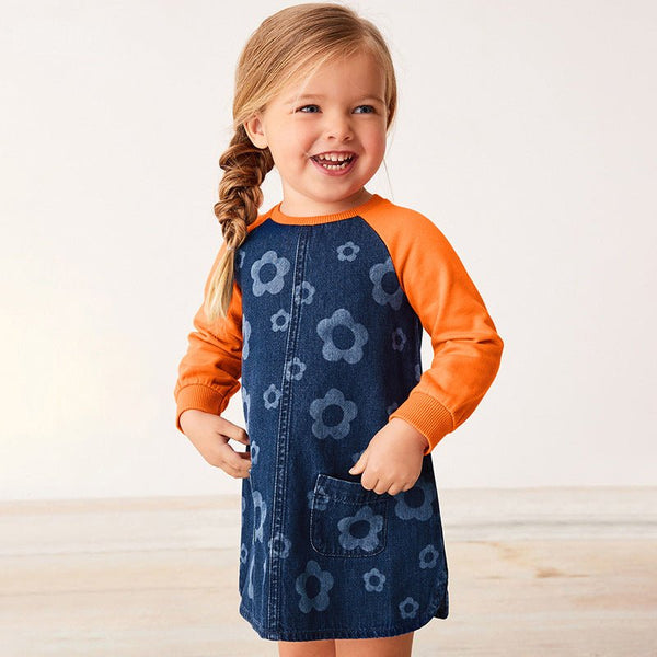 Toddler/Kid Girl's Long Sleeve Denim Floral Print Design Dress