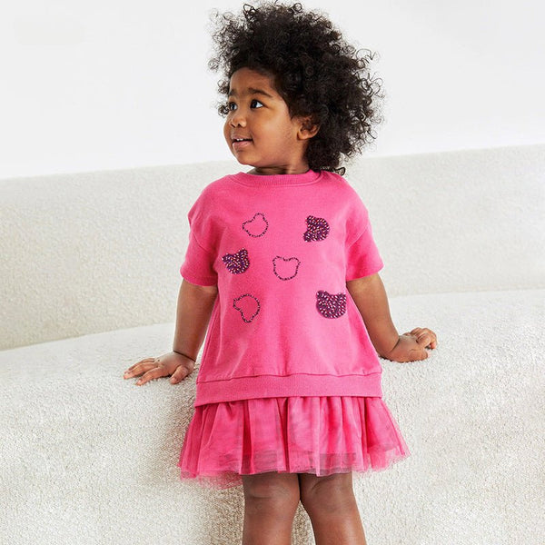 Toddler/Kid Girl's Pink Bear Design Short Sleeve Dress