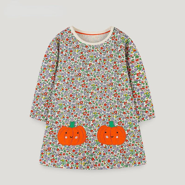 Toddler/Kid Girl Festive Fall Smiley Pumpkins Floral Dress