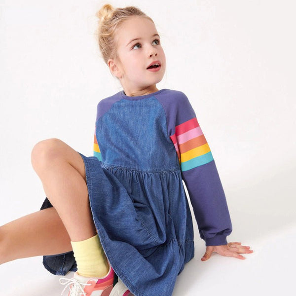 Toddler/Kid Girl's Long Sleeve Rainbow Pattern Design Denim Dress