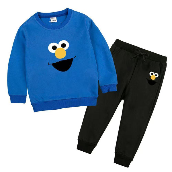 Cartoon Monster Figure Sweatshirt Set in Blue