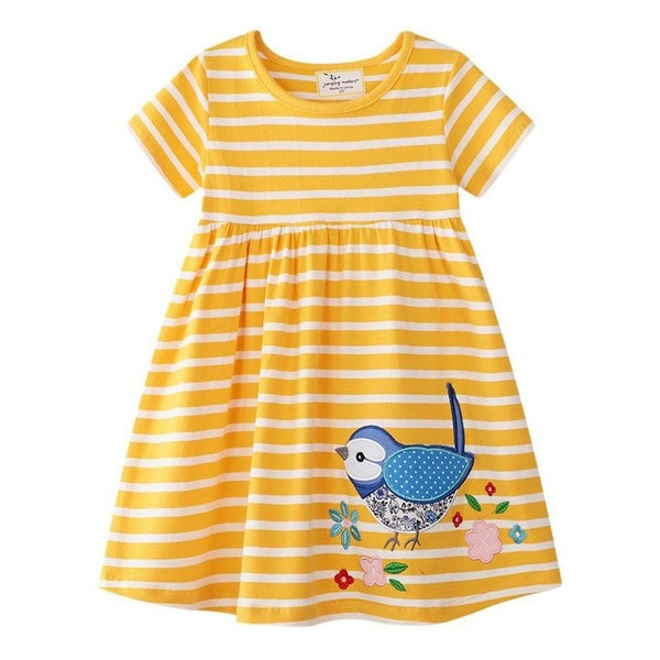 Short Sleeve Girl's Yellow Striped Dress for Summer