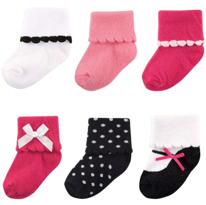 Girl Dressy Cuff Socks, 6-Pack, Black and Pink - Kidsyard Greenland