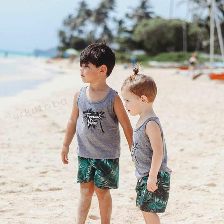 Summer Kids Clothes Sleeveless Tops and Shorts Toddlers Beach Swinming Outfit Set - Kidsyard Greenland