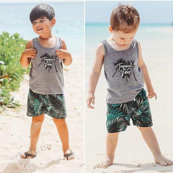 Summer Kids Clothes Sleeveless Tops and Shorts Toddlers Beach Swinming Outfit Set - Kidsyard Greenland