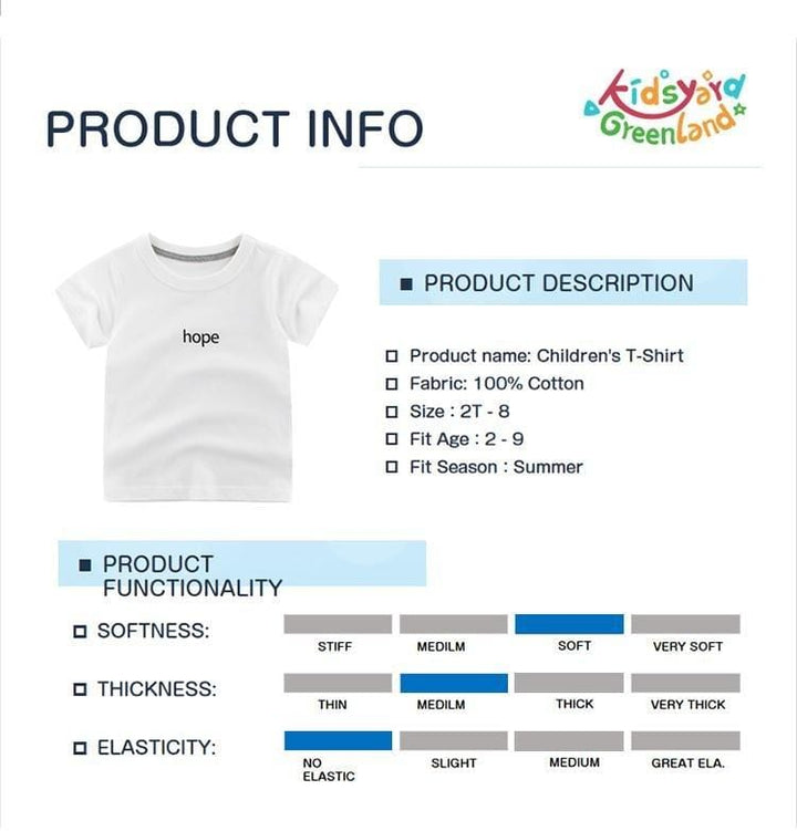 Summer Kids Premium Cotton T-shirt with "Hope" Pattern - Kidsyard Greenland